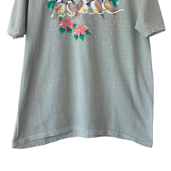 Vintage Anvil Green Holiday Bird Poinsettia Cotton Tee Shirt Size Large - Picture 5 of 8